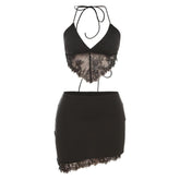 Lace hem solid spaghetti strap v neck halter self tie backless mini skirt set